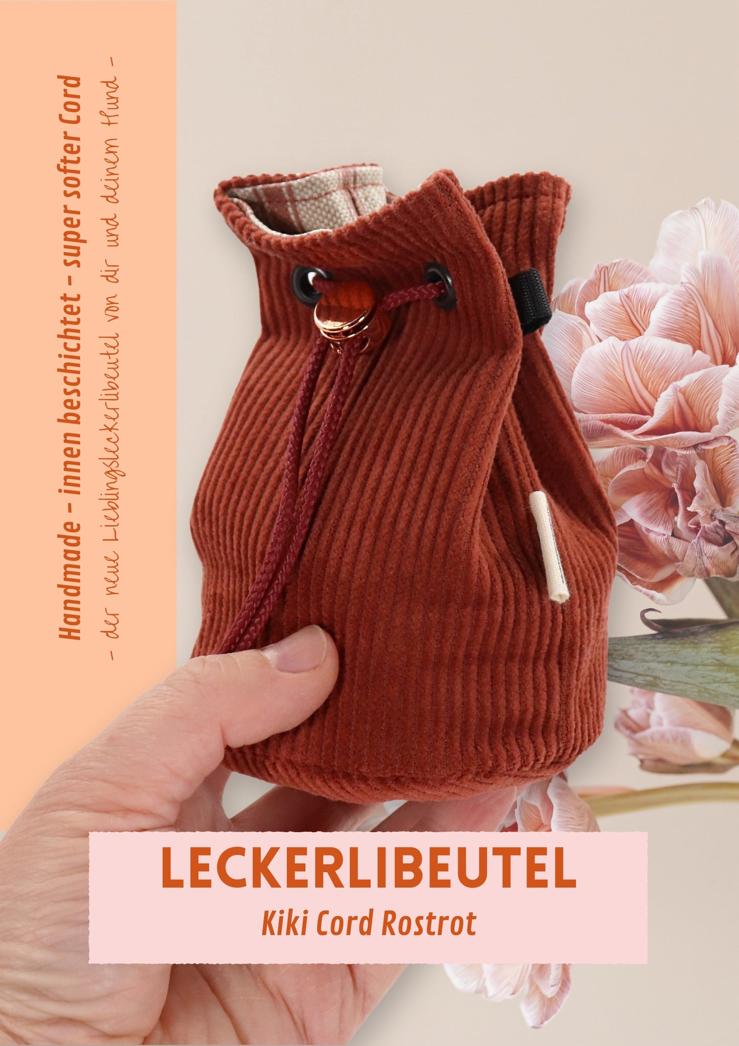 Leckerlibeutel für Hunde - Kiki Cord rostrot - innen beschichtet